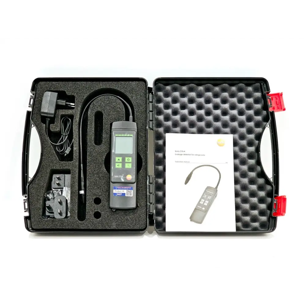 Testo 316-4 refrigeration leak detector front view with gooseneck probe and green display