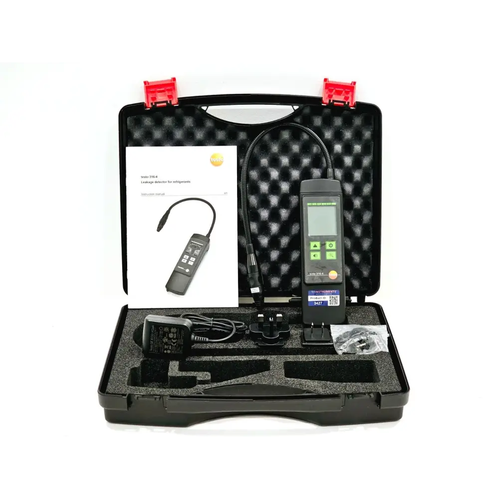 Testo 316-4 leak detector shown with carry case, mains charger and accessories
