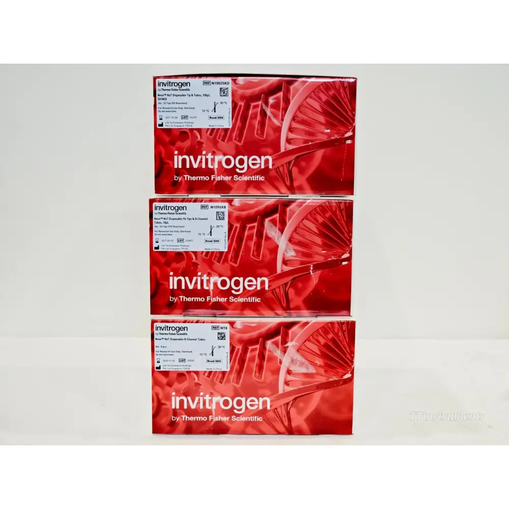 Three Invitrogen Neon NxT consumable boxes — REF N10025KD (100µL tips/tubes), N1096K8 (10µL 8-ch tips/tubes), NT8 (8-ch tubes)