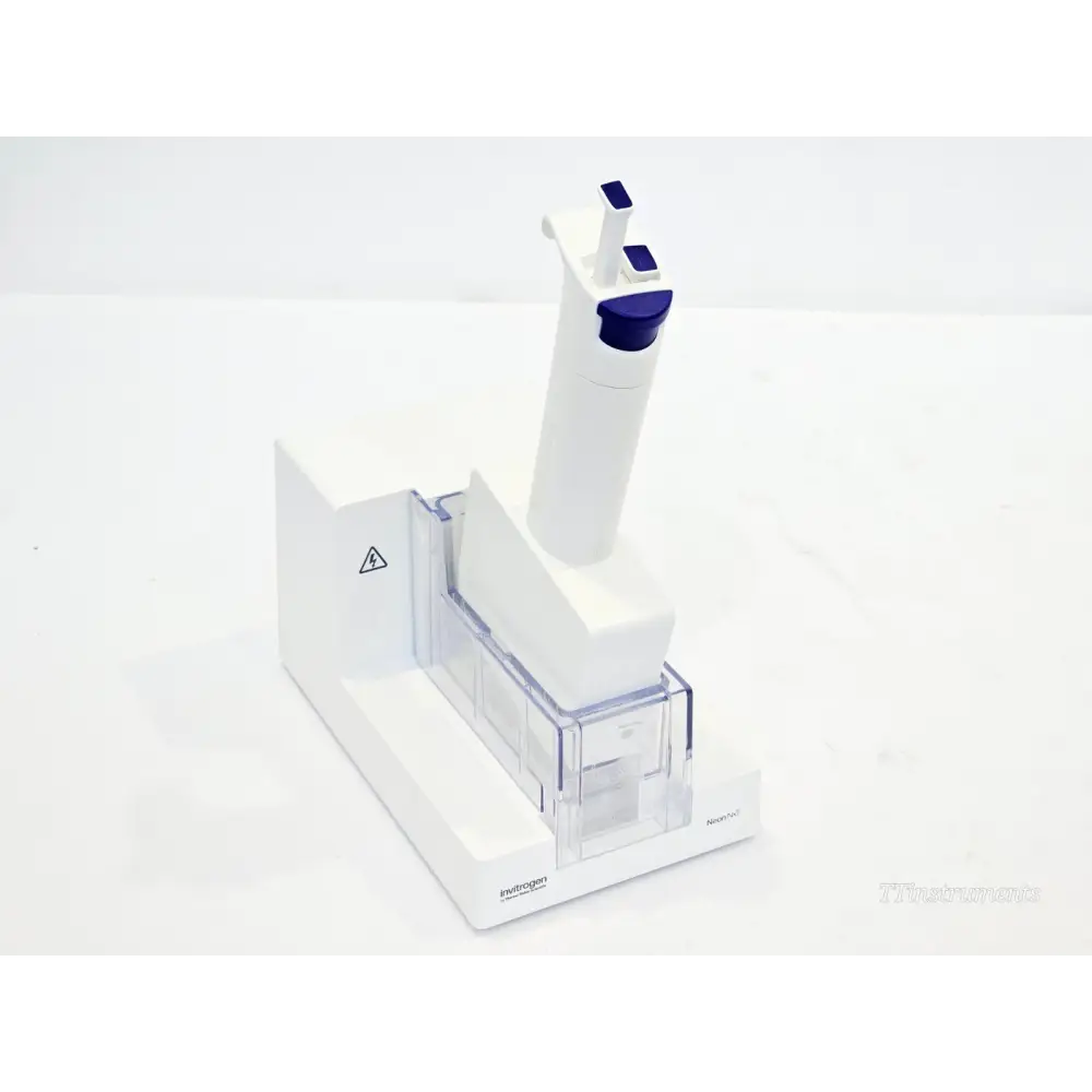 Invitrogen Neon NxT 1-channel pipette station with pipette docked, clear reservoir tray, Invitrogen branding on base