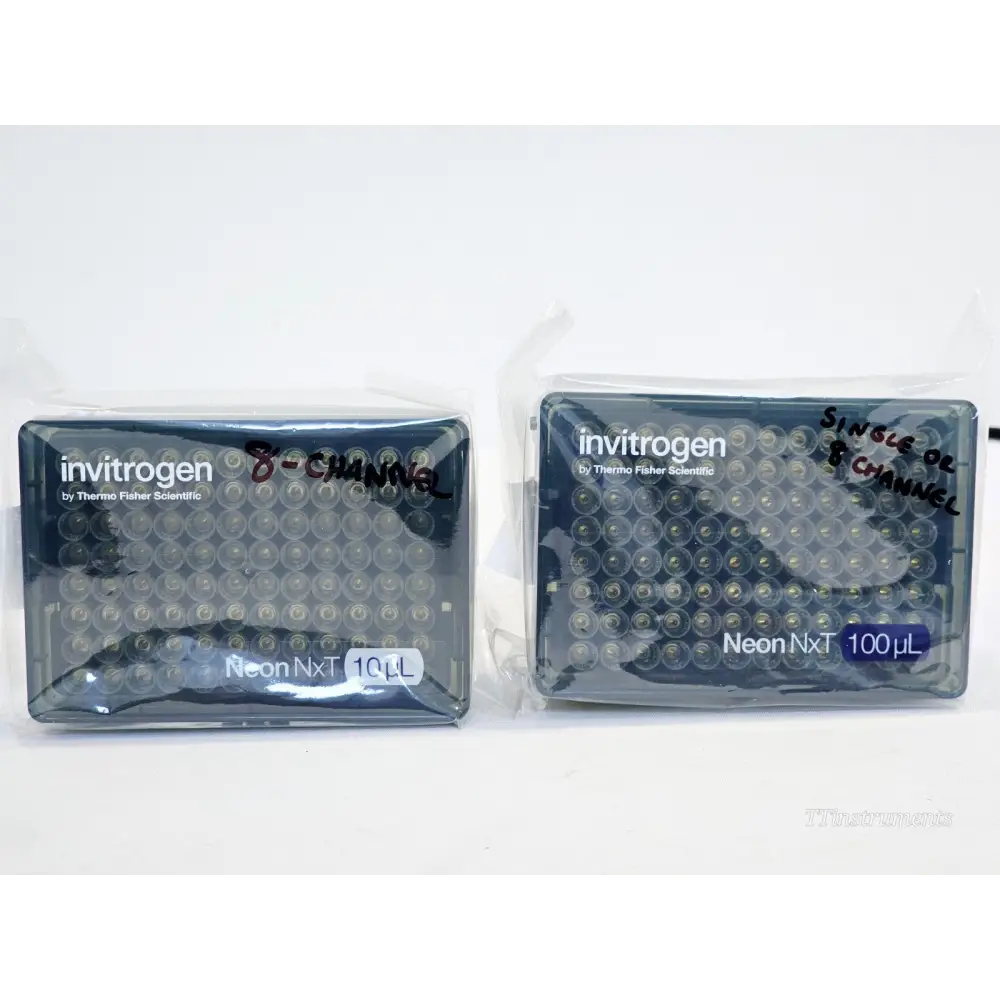 Two sealed Neon NxT tip trays — 10µL 8-Channel (left) and 100µL Single or 8-Channel (right) — both Invitrogen branded