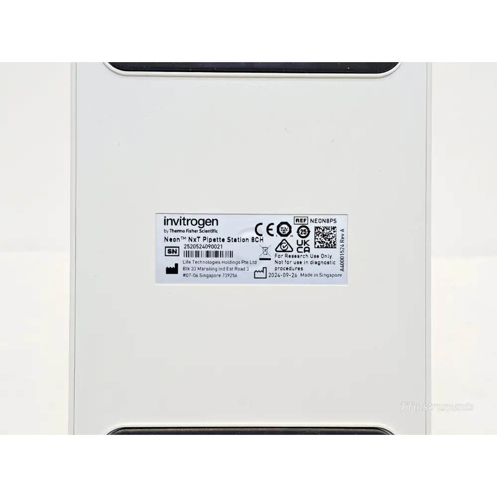Neon NxT Pipette Station 8CH serial label — REF NEON8PS, SN 2520524090021, manufactured 2024-09-26, Singapore
