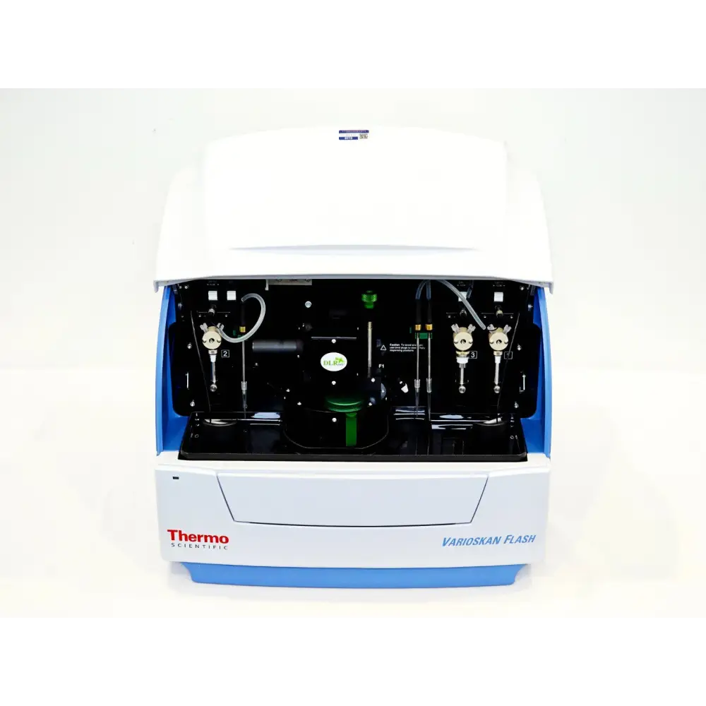 Varioskan Flash 5250040 front view lid open showing internal optics, DLReady module and dispensers