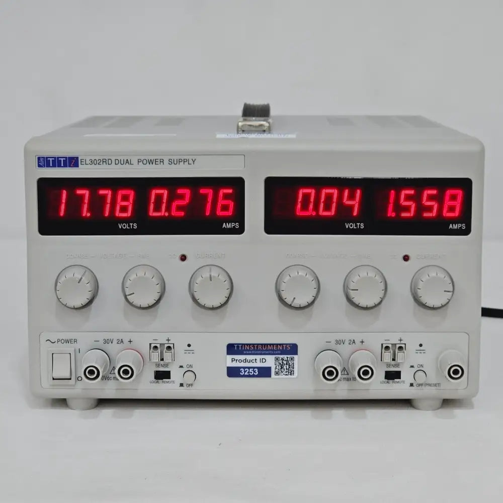 TTi EL302RD dual output DC power supply front panel view showing LED voltage and current displays