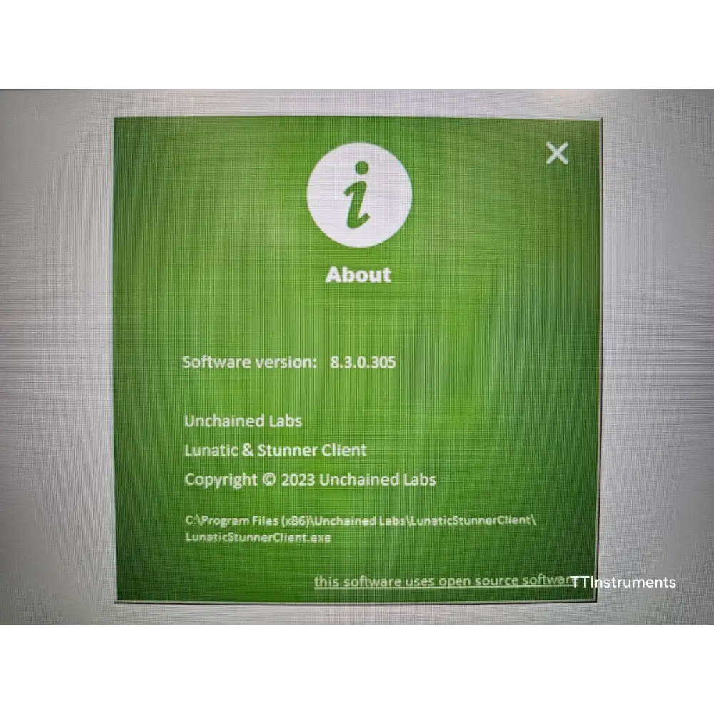 Lunatic software options screen showing activated Unmix licence and deactivated 21CFR Part 11 and API options
