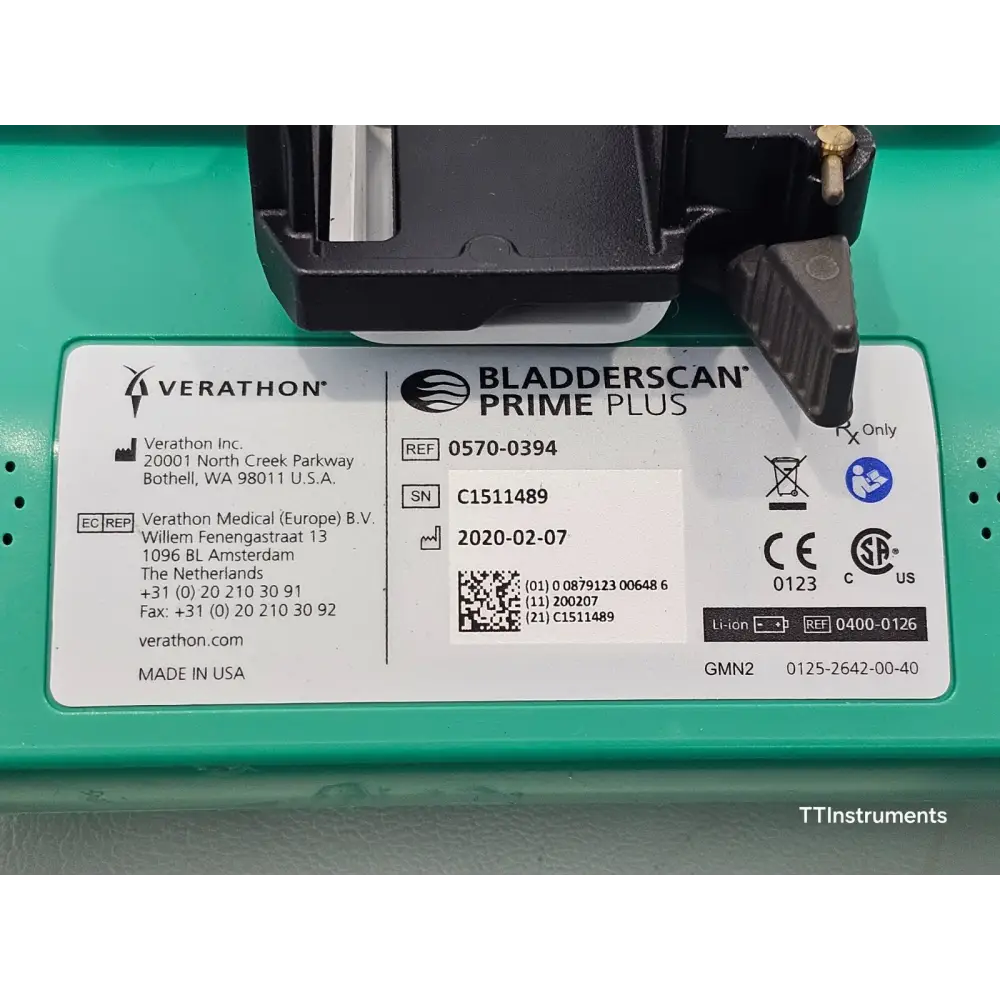 Verathon BladderScan Prime Plus 0570-0394 close-up of rear label showing REF 0570-0394, SN C1511489, manufacture date 2020-02-07