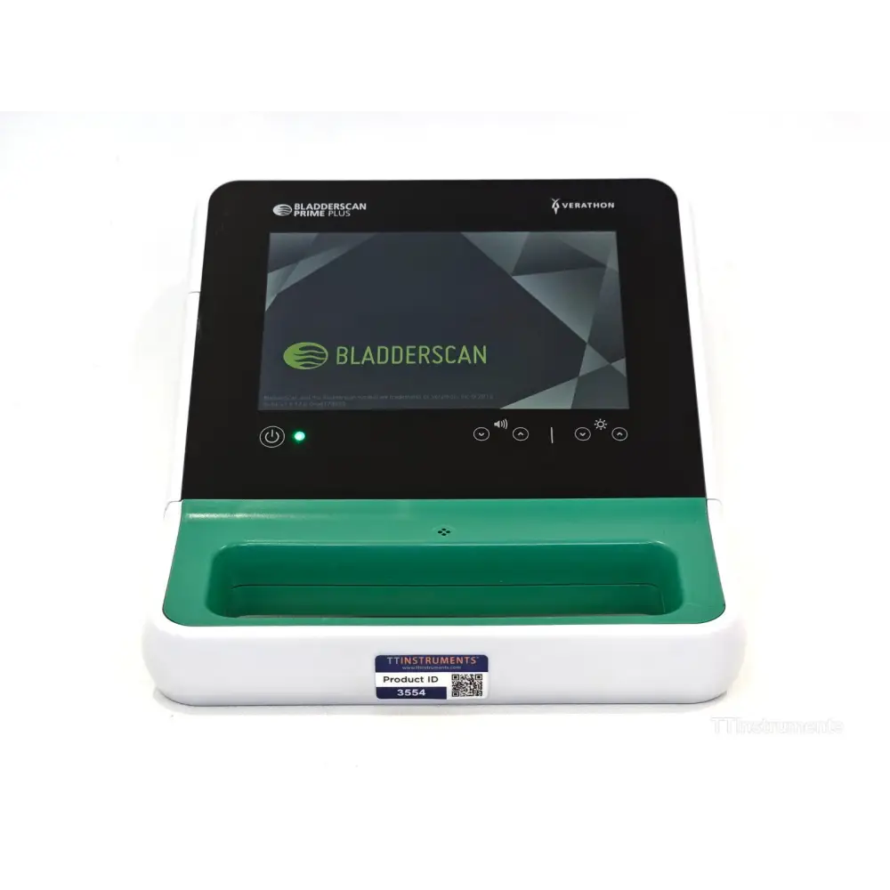 Verathon BladderScan Prime Plus 0570-0394 console front view powered on showing BladderScan boot screen