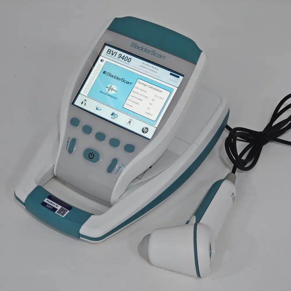 Verathon BladderScan BVI 9400 display screen showing bladder volume reading