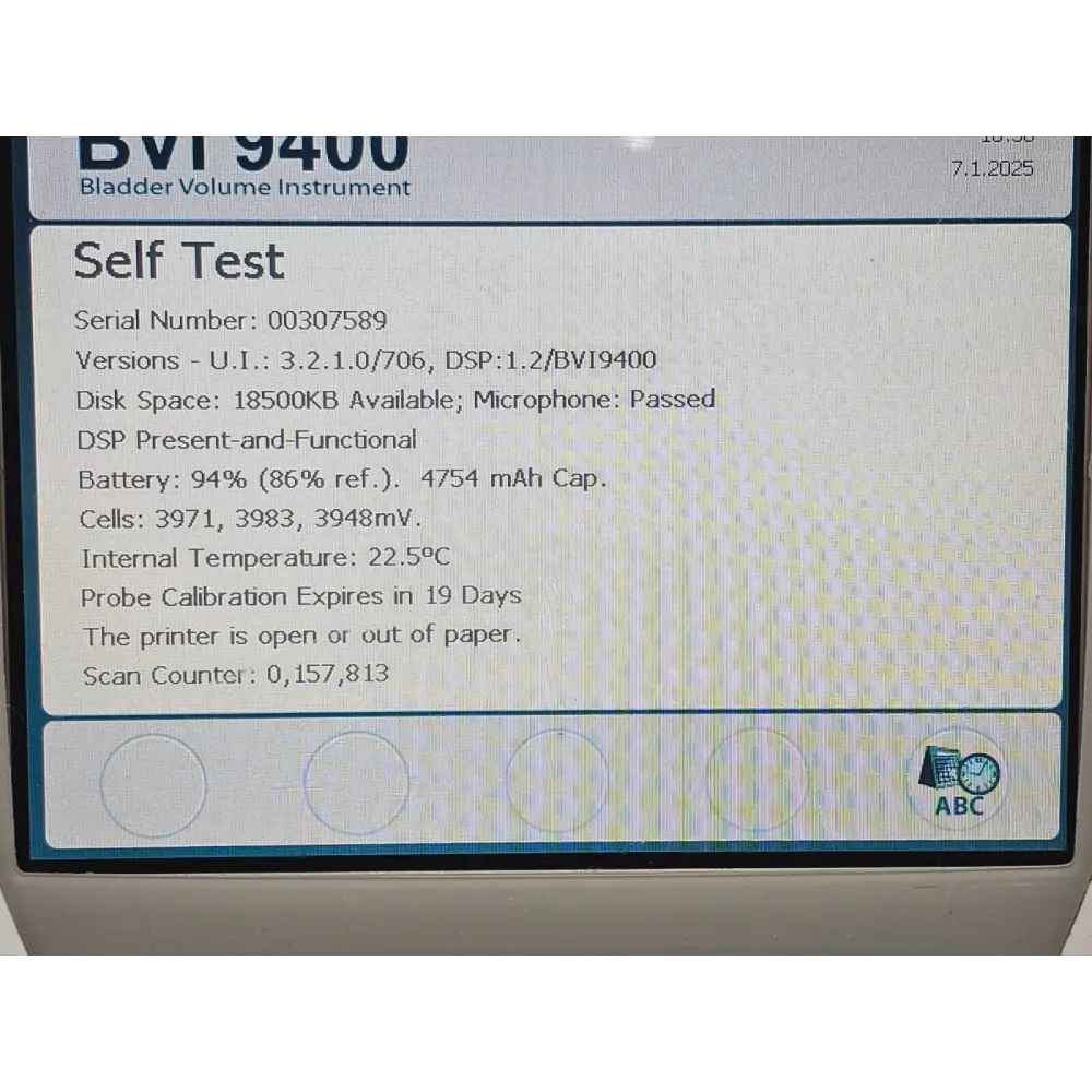 Verathon BVI 9400 BladderScan battery detail showing model and condition