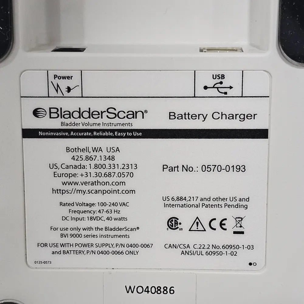 Close-up of Verathon BVI 9400 charger label showing part number 0570-0193