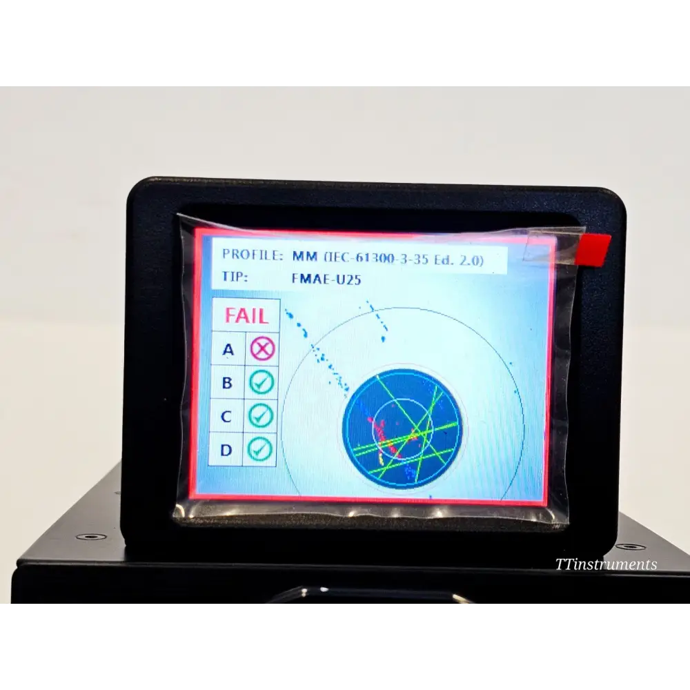 VIAVI FVAi-2400 LCD screen showing IEC-61300-3-35 MM profile FAIL result with zones A B C D pass/fail analysis