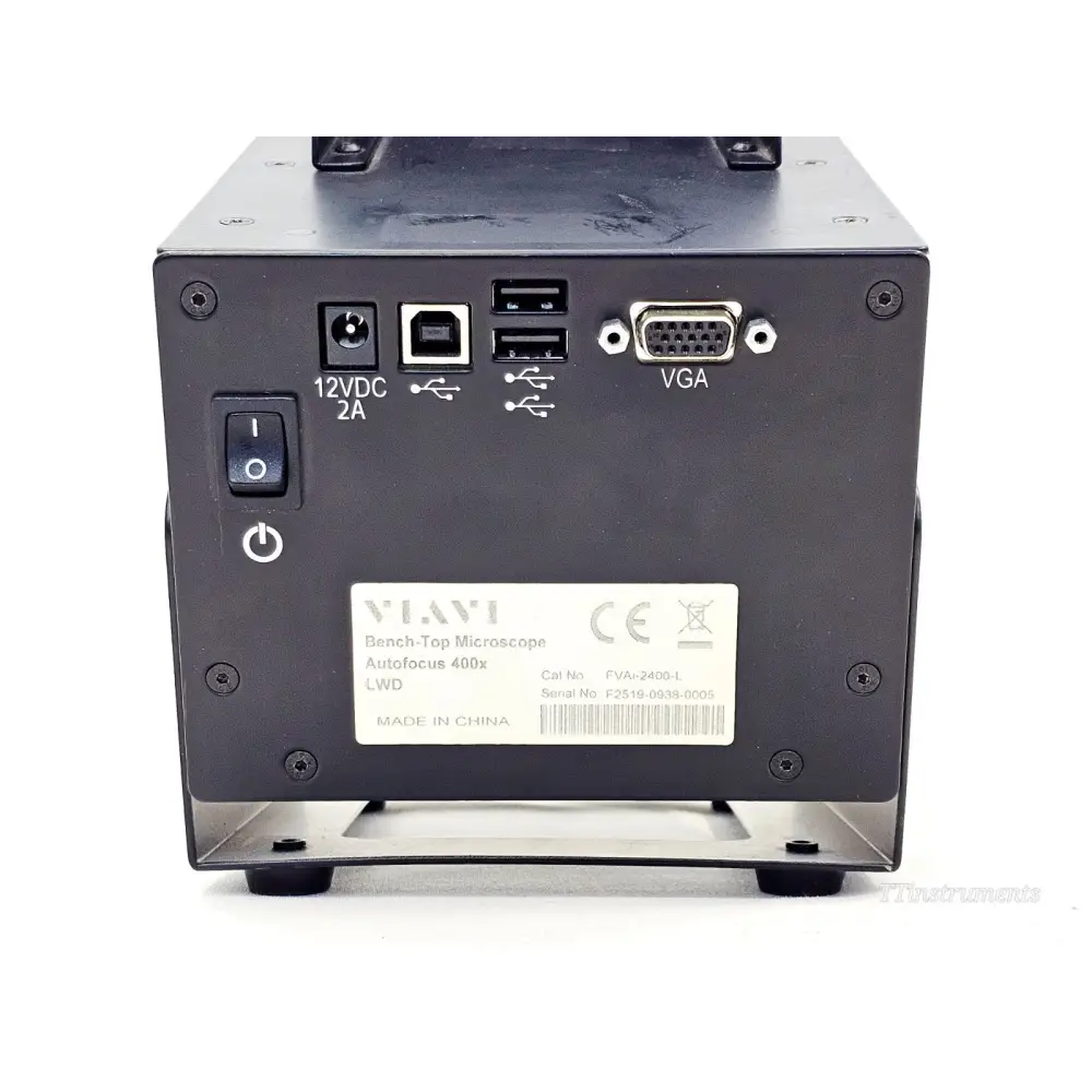 VIAVI FVAi-2400-L rear label showing Cat No. FVAi-2400-L and Serial No. F2519-0938-0005