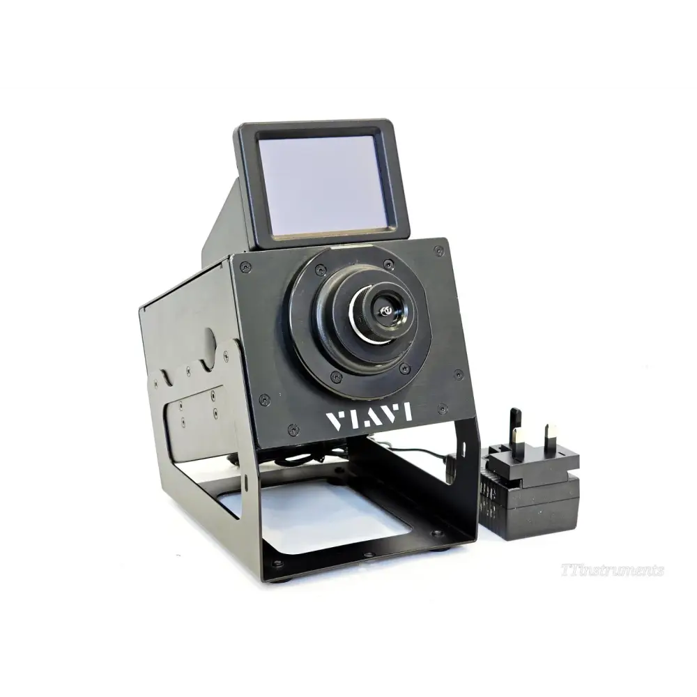 VIAVI FVAi-2400-L Bench-Top Autofocus 400x LWD Microscope front 3/4 view with UK power supply adapter