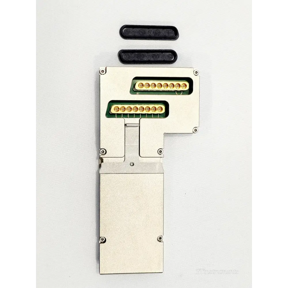Viavi CFP2 Electrical Adapter 3076/92.90 reverse side showing dual gold-pin electrical connectors on green PCB and two rubber port covers