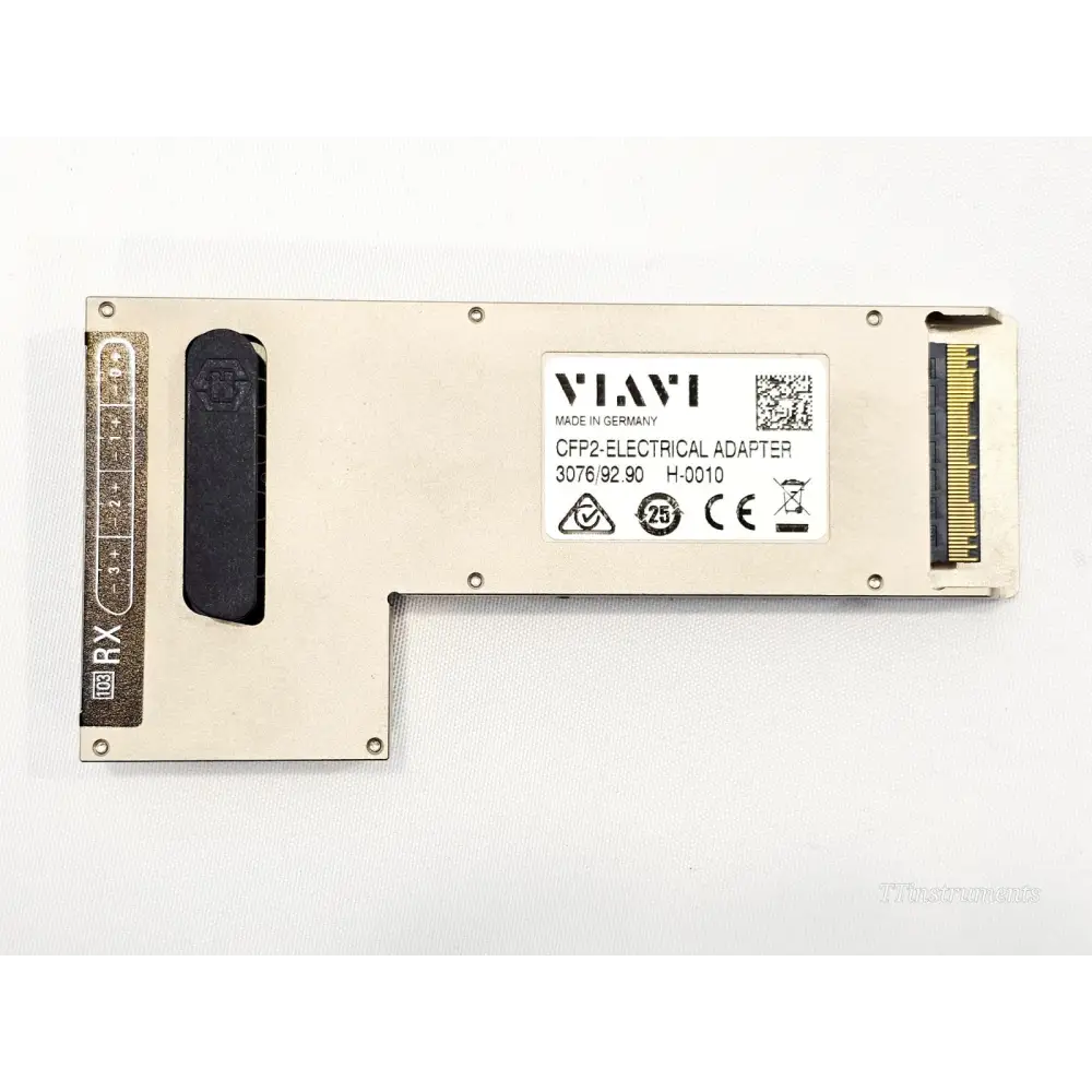 Viavi CFP2 Electrical Adapter 3076/92.90 top view showing product label, CE mark, QR code, and RX lane markings