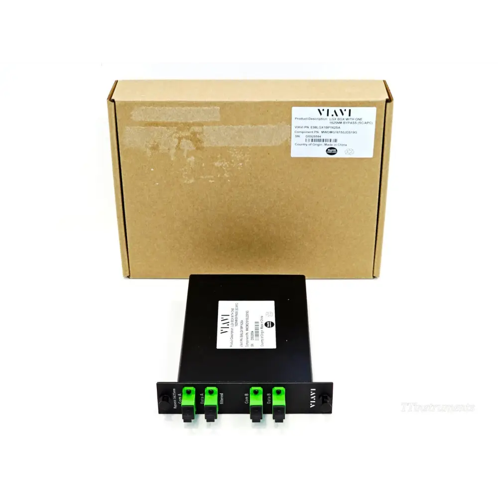 VIAVI E98LGX1BP162SA LGX Box 1625nm bypass SC/APC with original retail box, front panel showing Com A, Data A, filtered, Com B, Data B SC/APC ports
