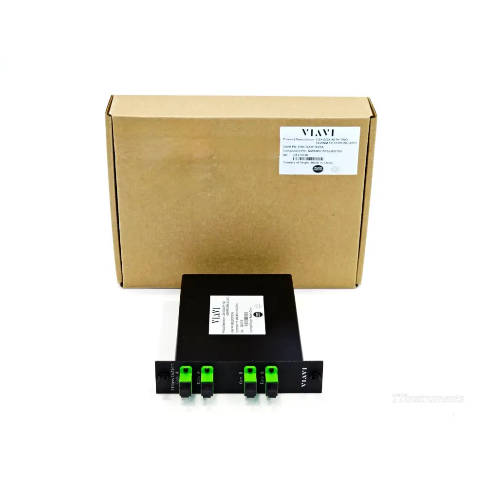 VIAVI E98LGX2F162SA LGX Box Two 1625nm SC/APC Filters with original cardboard box, front panel showing Com A, Data A, Com B, Data B SC/APC ports