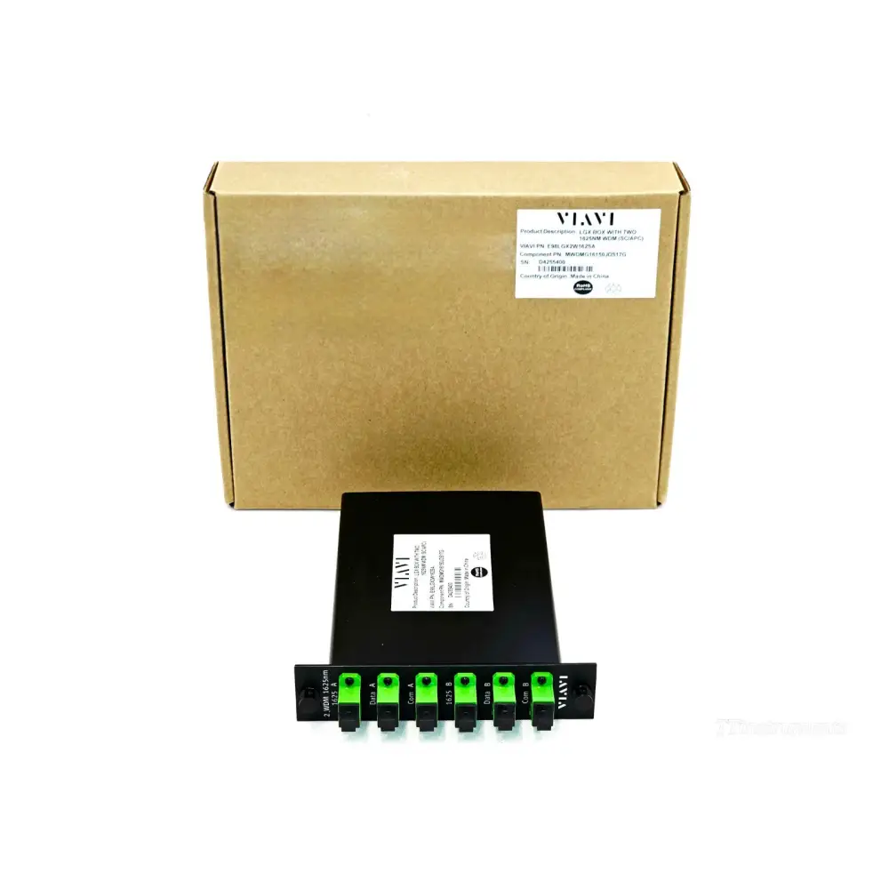VIAVI E98LGX2W162SA LGX box with dual 1625 nm WDM SC/APC connectors front view