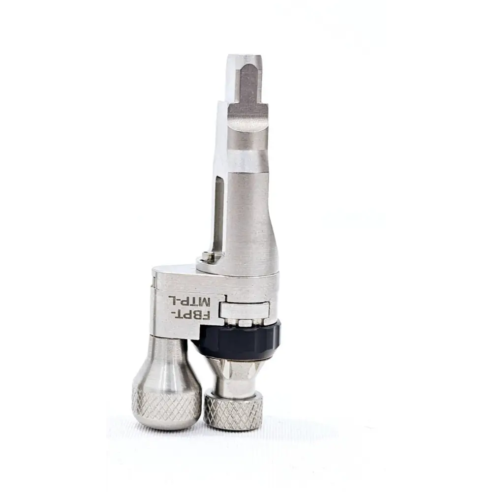 Viavi FBPT-MTP-L MTP/MPO Bulkhead RibbonDrive Tip MM Long Reach — front view showing stainless steel body, knurled adjustment rings, and FBPT-MTP-L engraving