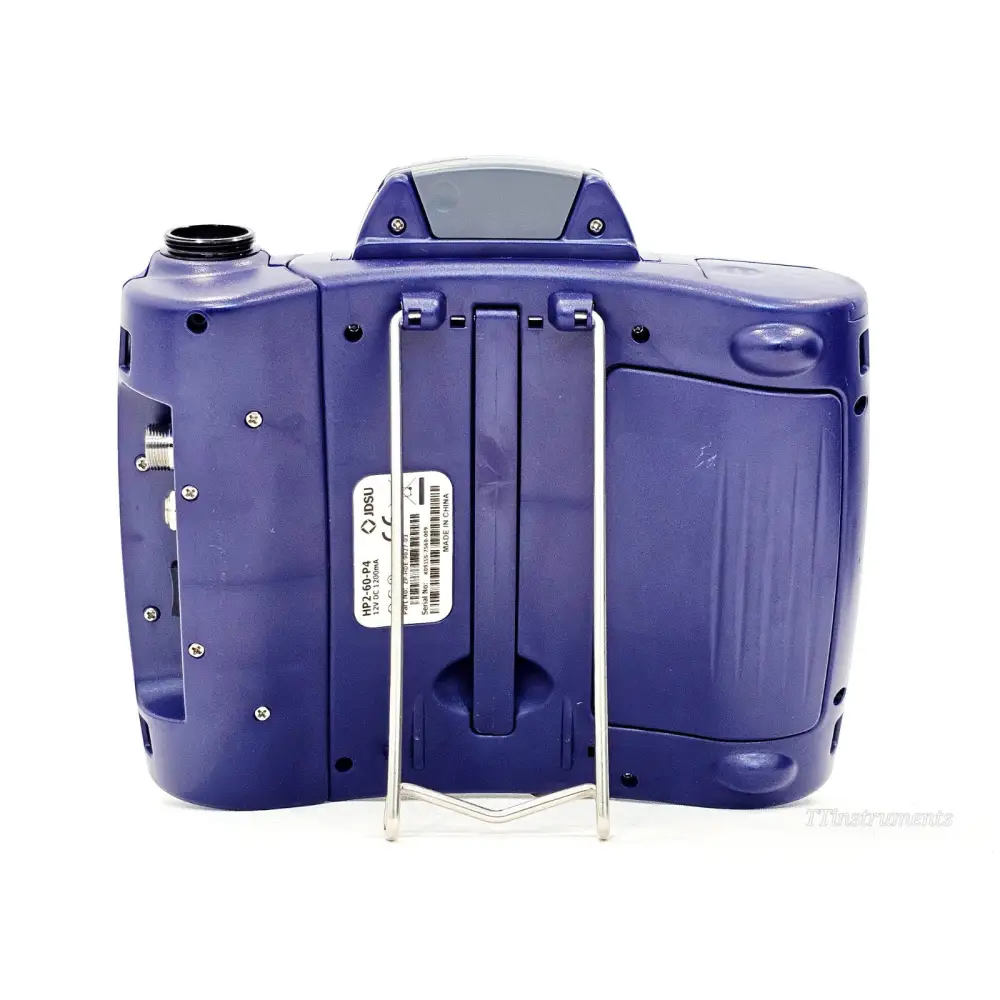 JDSU HP2-60-P4 rear view showing HP2-60-P4 model and serial number label, battery compartment and kickstand