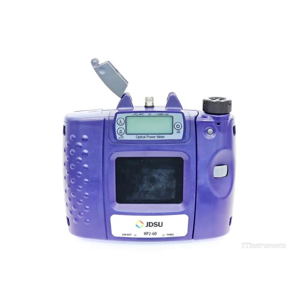 JDSU HP2-60-P4 rear view showing model label, belt clip stand extended, UPP optical port and battery compartment