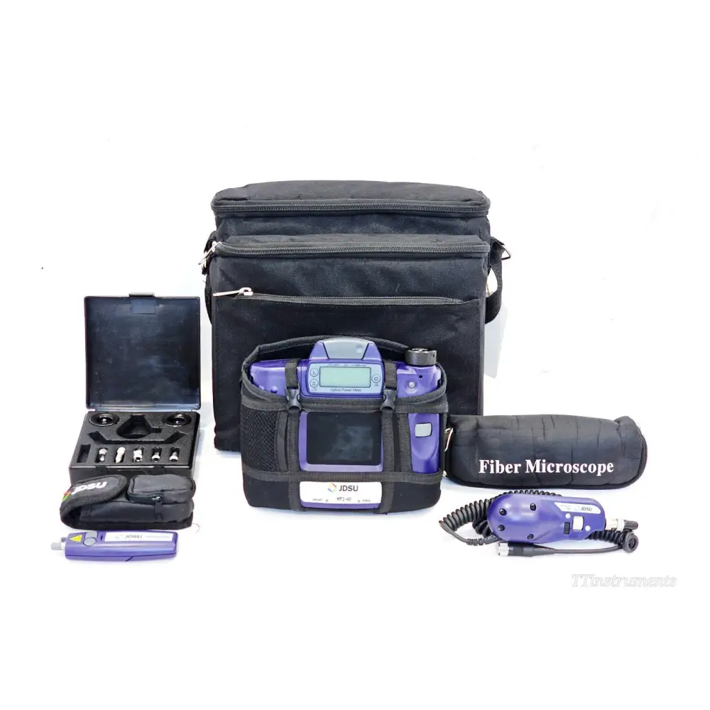 Viavi JDSU FIT-S205-PRO kit overview — HP2-60-P4 power meter in pouch, FBP-P5 probe, VFL, tip case and carry bag