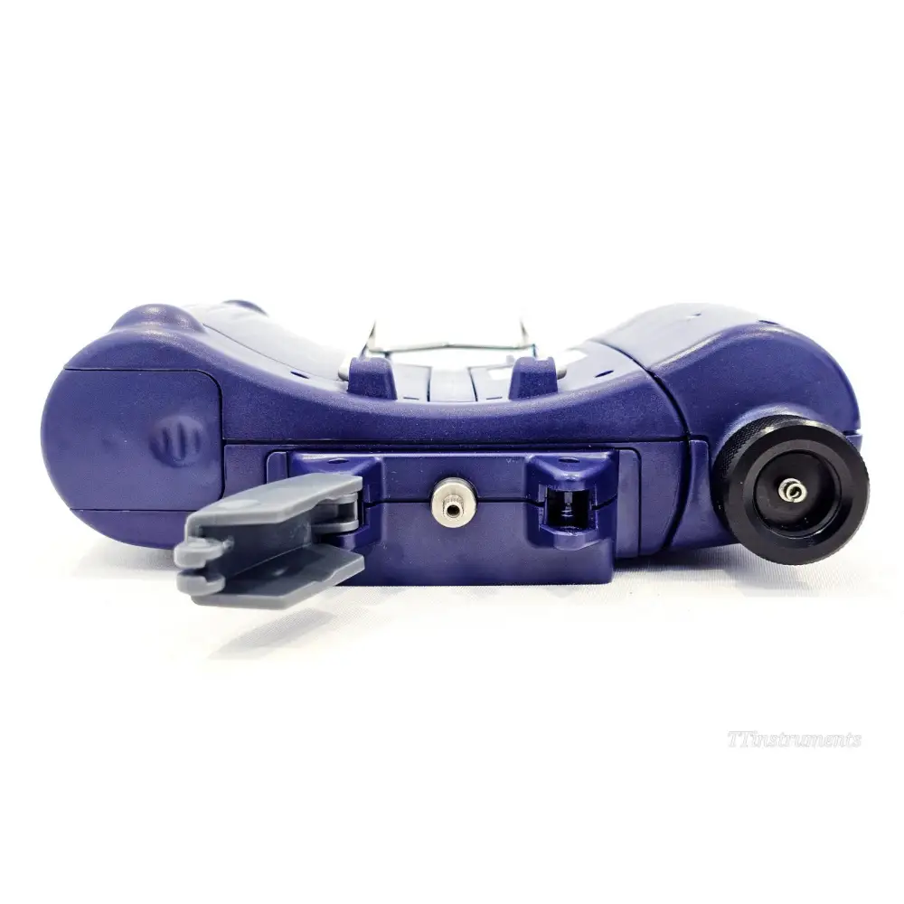 JDSU HP2-60 bottom view showing optical input port, battery compartment latch and UPP adapter fitting