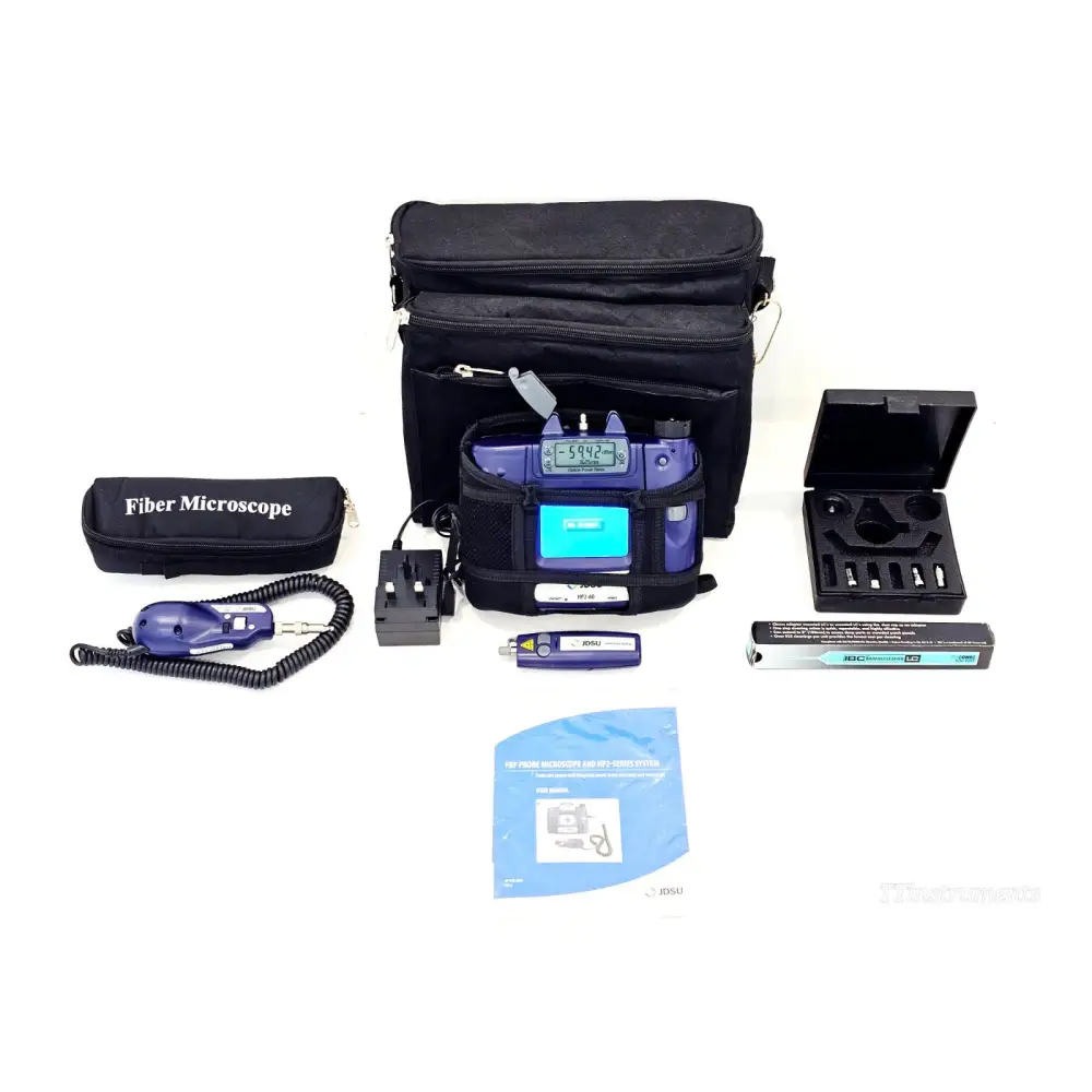 JDSU Viavi FIT-S205-PRO HP2-60-P4 full kit laid out with carry bags, FBP-P5 probe, VFL, tips case and manual