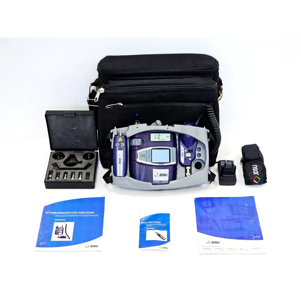 JDSU Viavi HP3-60-P4 fibre inspection kit laid out with FBP probe, tips case, VFL, manuals, power adapter and carry case