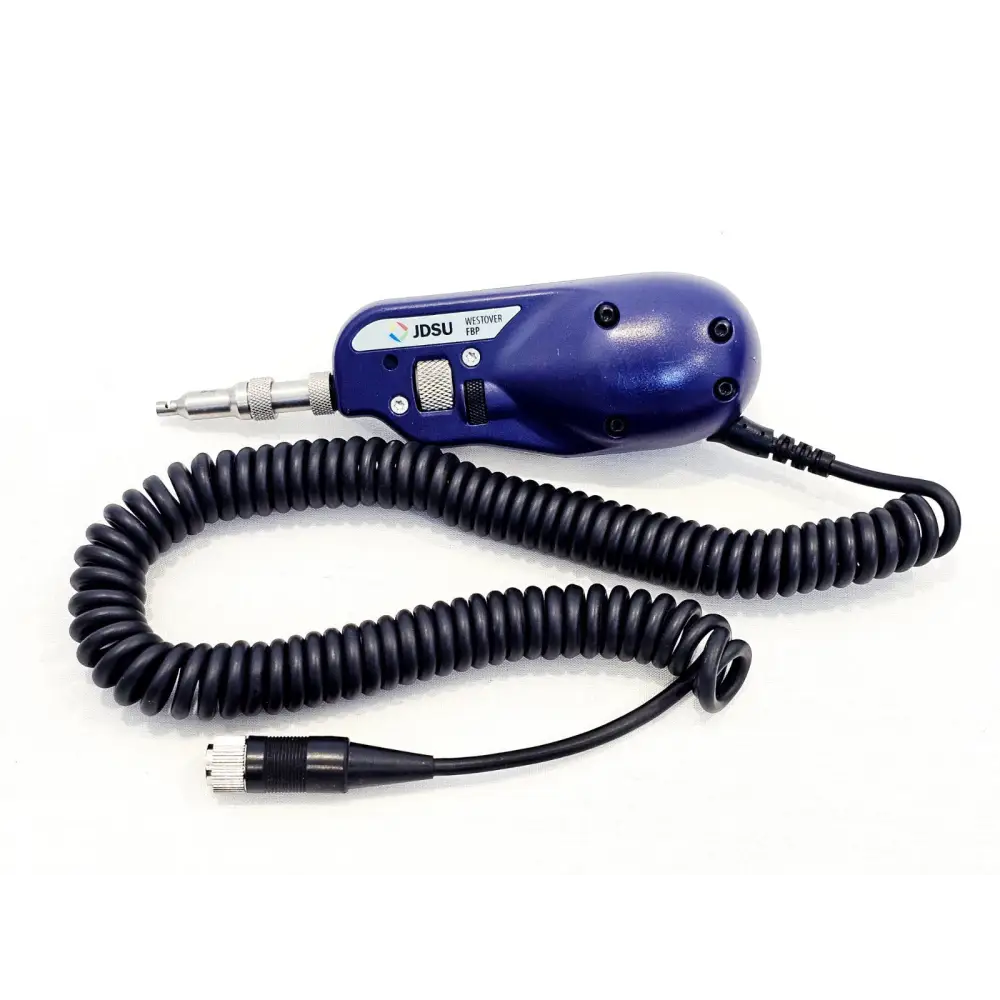 JDSU Westover FBP probe microscope front view with coiled cable, focus wheel and SC tip adapter attached