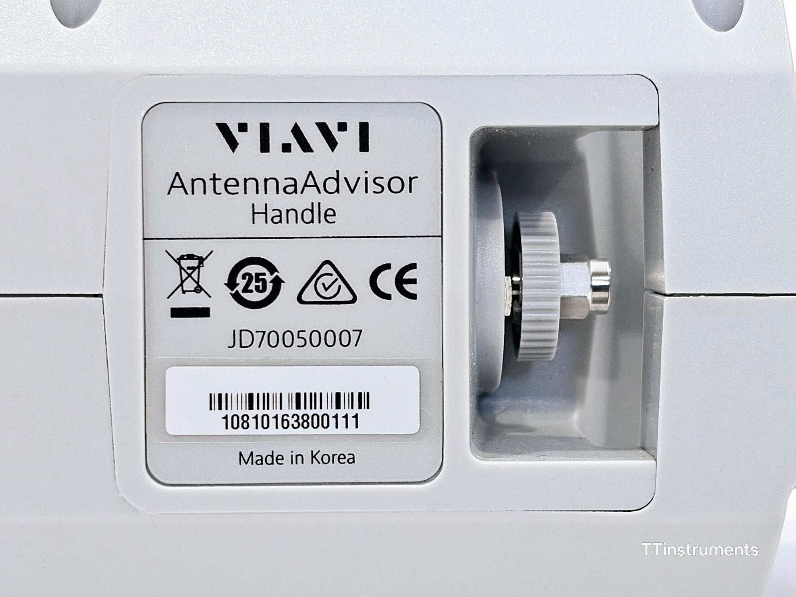 VIAVI AntennaAdvisor Handle JD70050007 label close-up showing part number, serial number, CE mark, Made in Korea