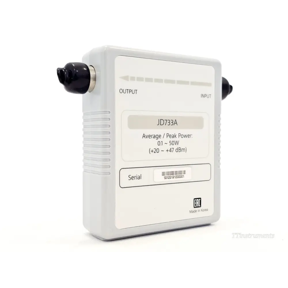 VIAVI JD733A directional power sensor front panel showing model label, 0.1–50W power range, serial number barcode and EAC marking