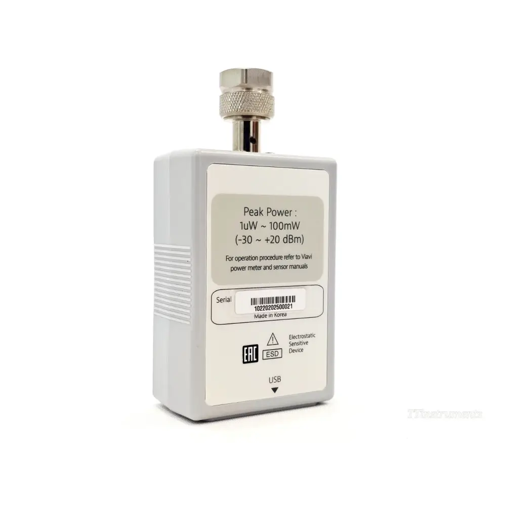 VIAVI JD734B rear label showing peak power range 1uW to 100mW (-30 to +20 dBm), serial number and ESD warning