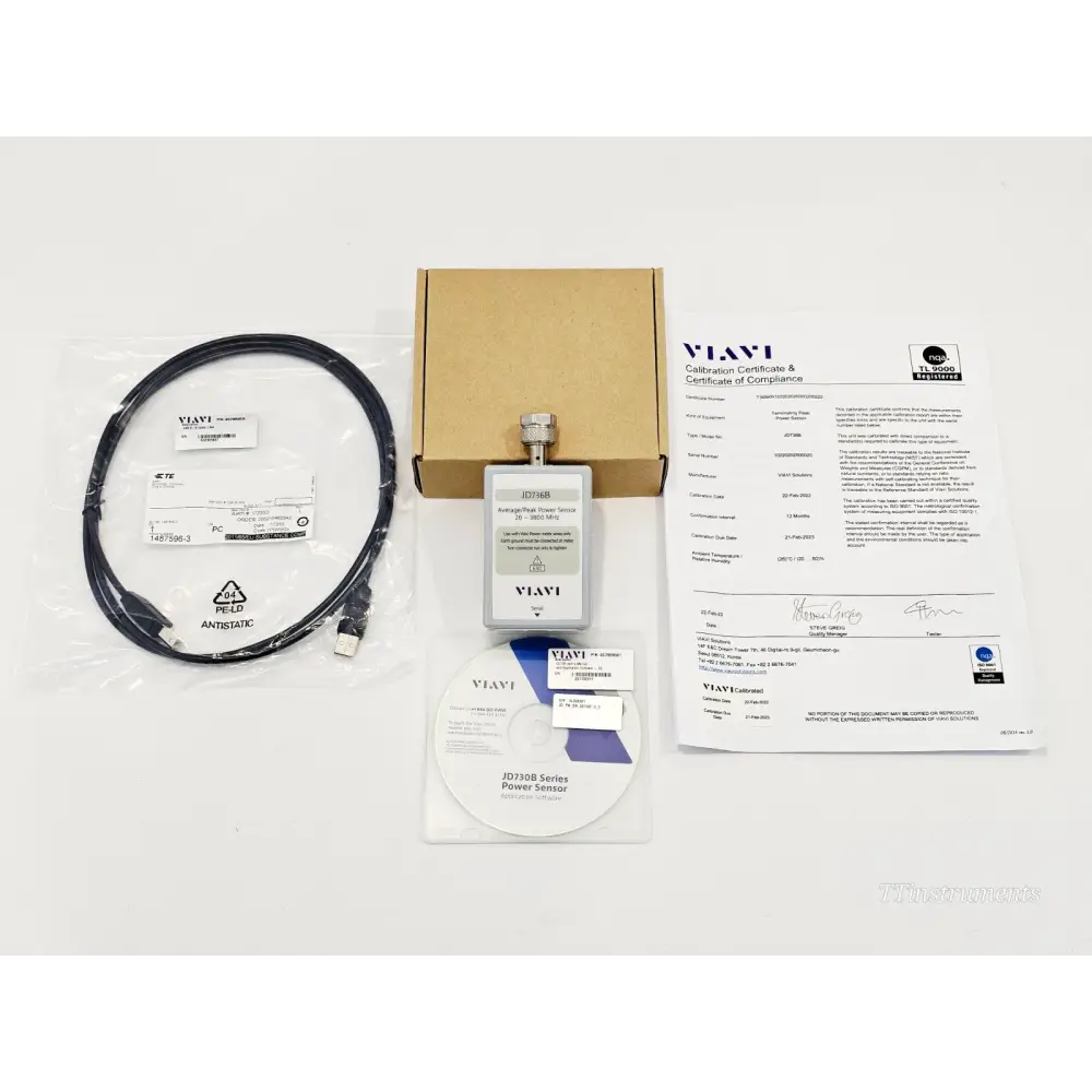 VIAVI JD736B power sensor complete kit with USB cable, software CD, calibration certificate and original box