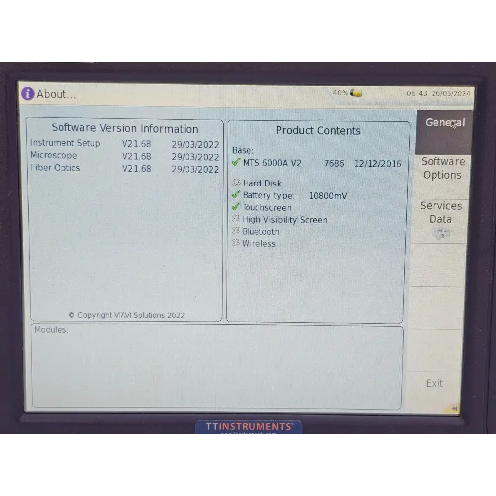 MTS 6000A V2 mainframe bottom view showing battery and label