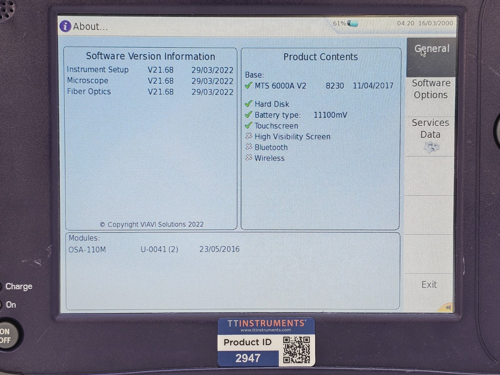 Viavi JDSU 6000A V2 + OSA-110M 1250 - 1650 nm OSA Optical Spectrum Analyzer