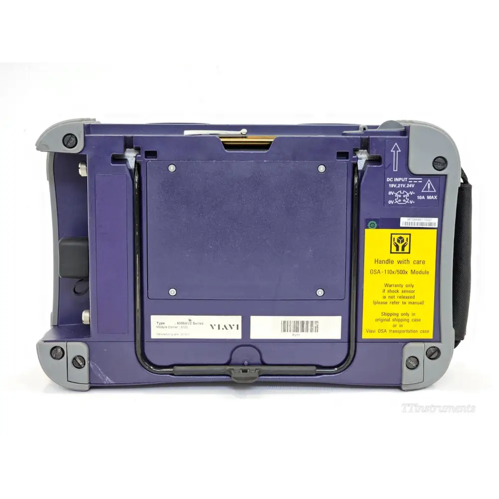 Viavi MTS 6000A V2 rear panel showing OSA-110M module bay, DC input label, 6000AV2 Series type label