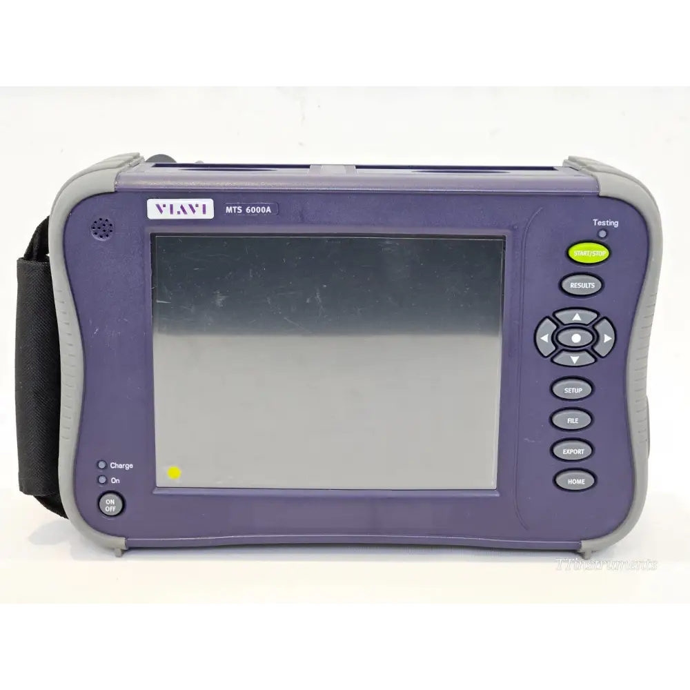 Viavi MTS 6000A V2 front panel showing colour display, START/STOP, RESULTS, SETUP, FILE, EXPORT, HOME buttons