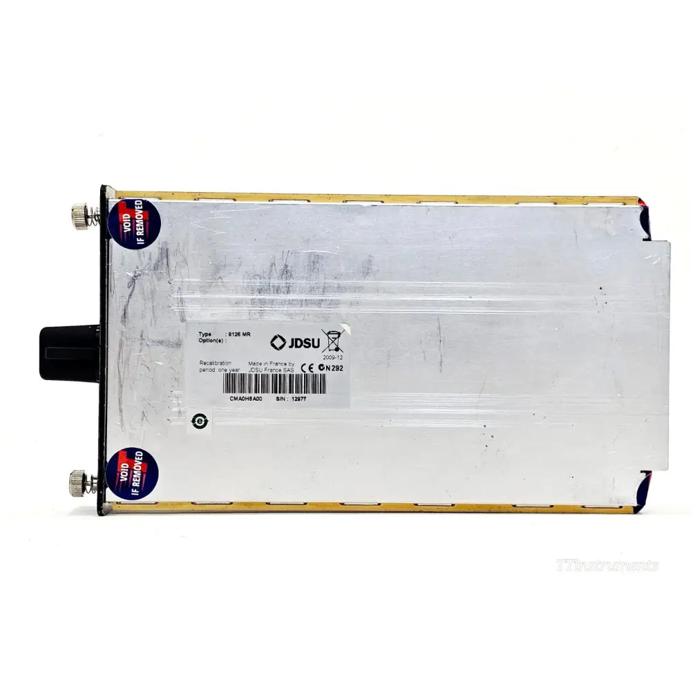 JDSU 8126 MR OTDR module rear/side view showing product label, S/N 12977, void-if-removed seals