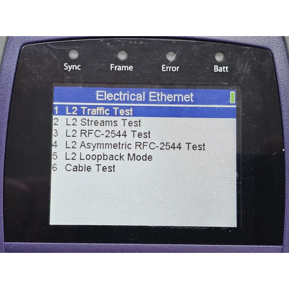 CSC-ETH SmartClass Ethernet tester close-up of product label showing model and serial number
