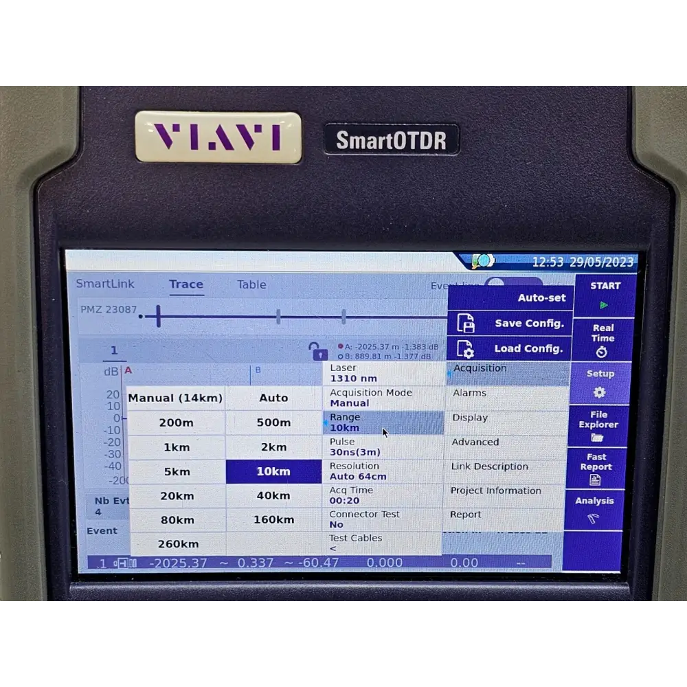 Viavi E126A SmartOTDR angled three-quarter view showing compact handheld form factor