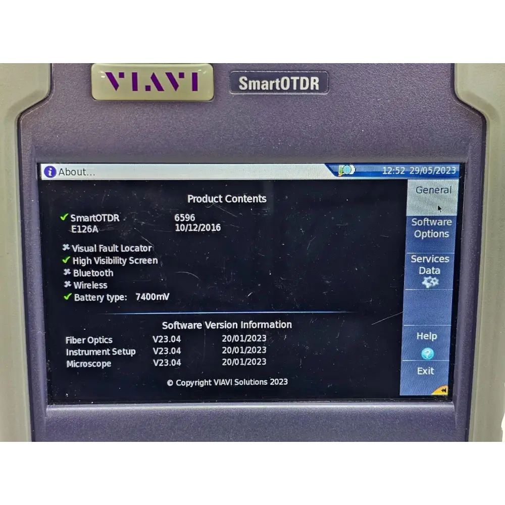 Viavi E126A SmartOTDR unit and accessories laid out showing complete sale contents