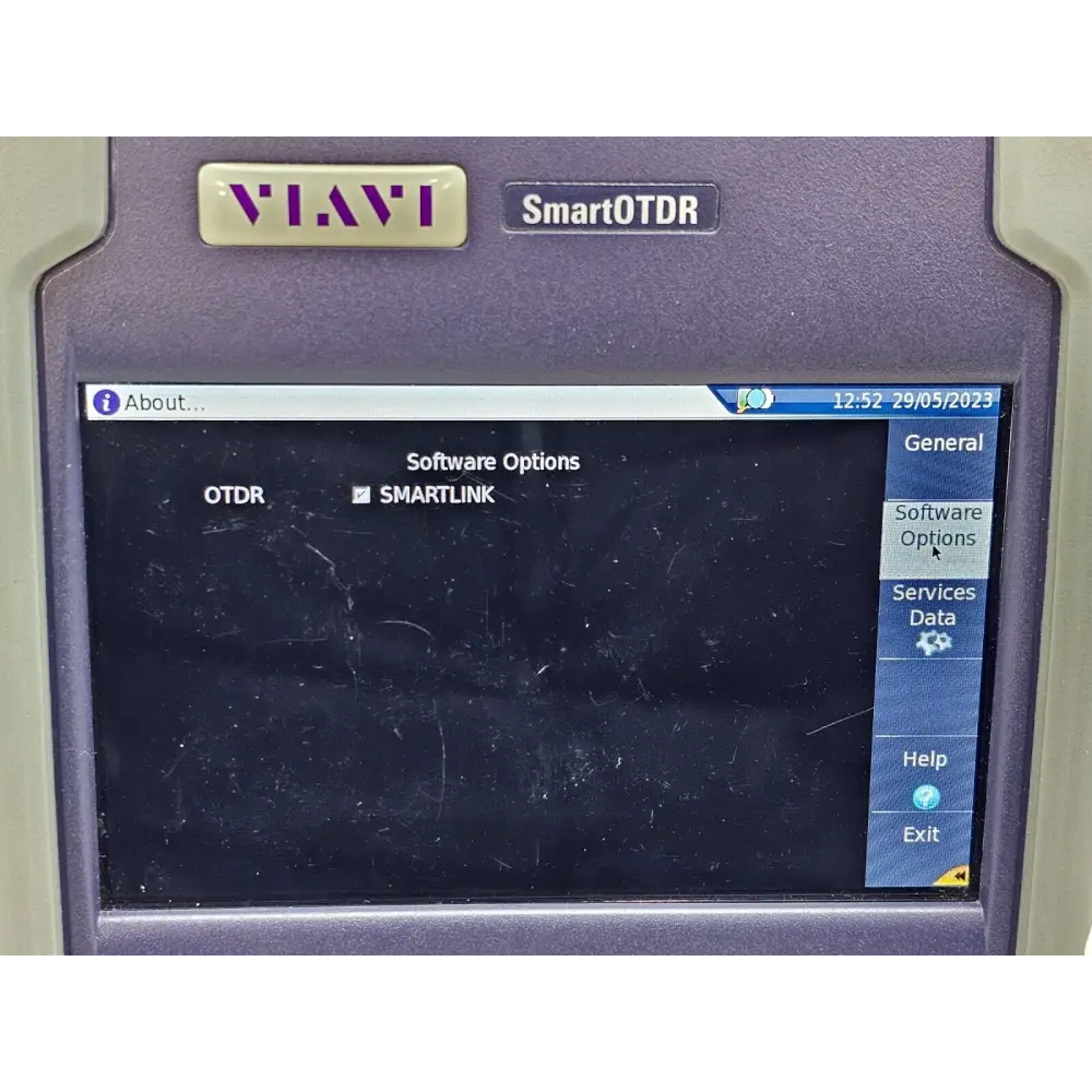 Viavi E126A SmartOTDR serial number and specification label on rear of unit