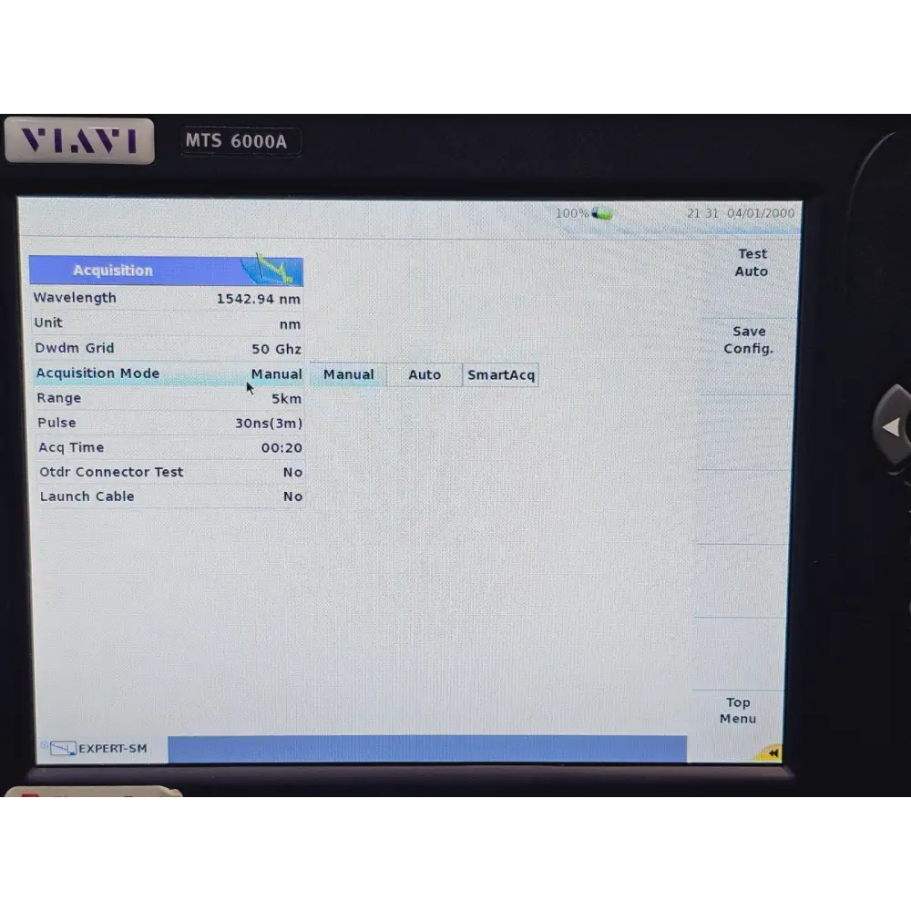 Viavi MTS 6000A V2 E81WDM-C OTDR acquisition mode selection screen showing Manual, Auto and SmartAcq options at 1542.94 nm