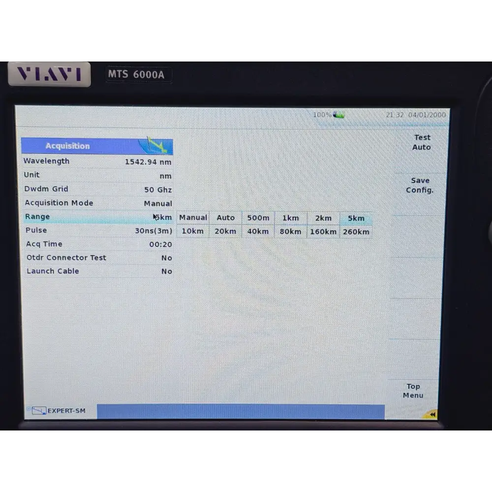 Viavi MTS 6000A V2 OTDR range selection screen showing options from 500 m to 260 km including Auto mode at 50 GHz DWDM grid