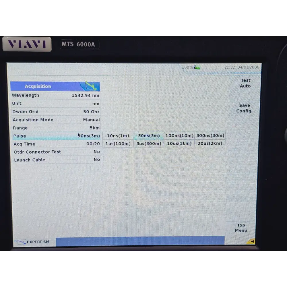 Viavi MTS 6000A V2 E81WDM-C OTDR pulse width selection screen showing options from 10 ns to 20 µs at C-band 1542.94 nm