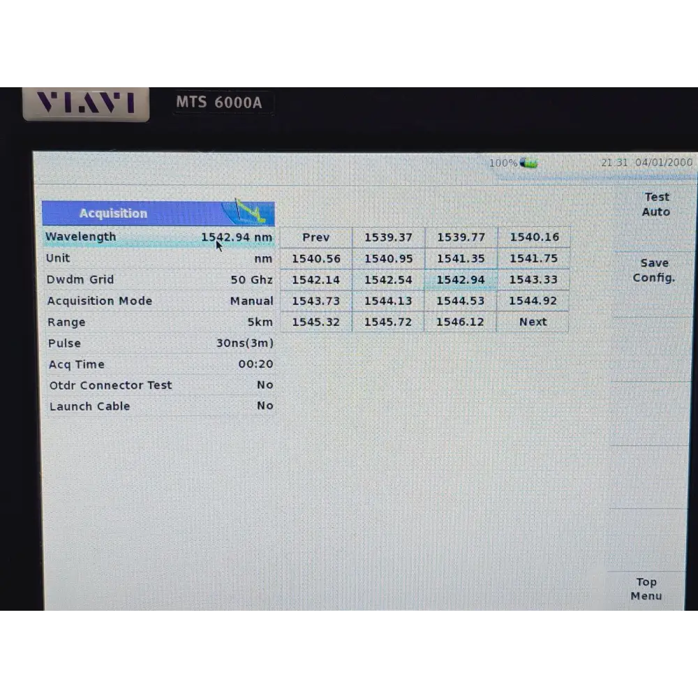Viavi MTS 6000A V2 OTDR acquisition screen showing 1542.94 nm wavelength, 50 GHz DWDM grid, 5 km range and DWDM channel selector