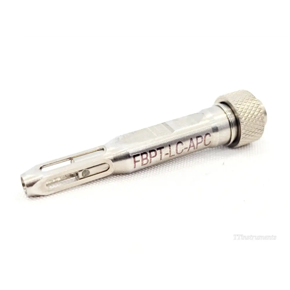 Viavi FBPT-LC-APC LC/APC Longreach Bulkhead Probe Tip — angled side view showing full body, knurled base and tip slot