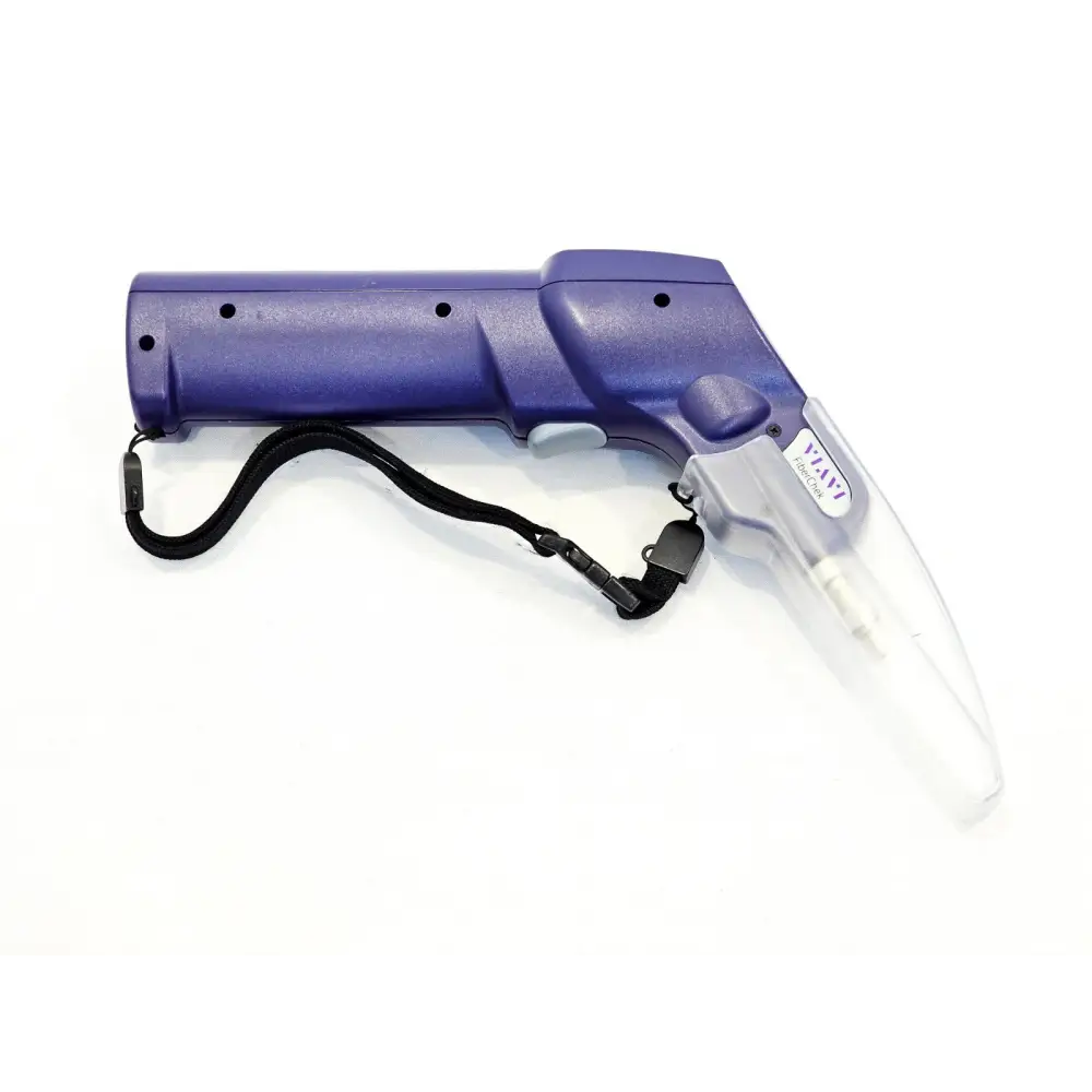 VIAVI FiberChek FIT-FC-KIT3 probe left-side view showing blue body, protective hood and wrist strap attachment