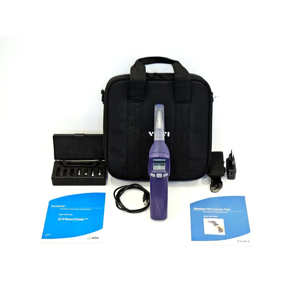 VIAVI FiberChek FIT-FC-KIT3 full kit laid out with carry case, 4 tips, USB cable, power adapter and quick start guides
